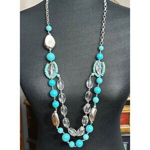 Chico's Necklace Jewelry Statement 37" Double Strand Clear Turquoise Color Beads